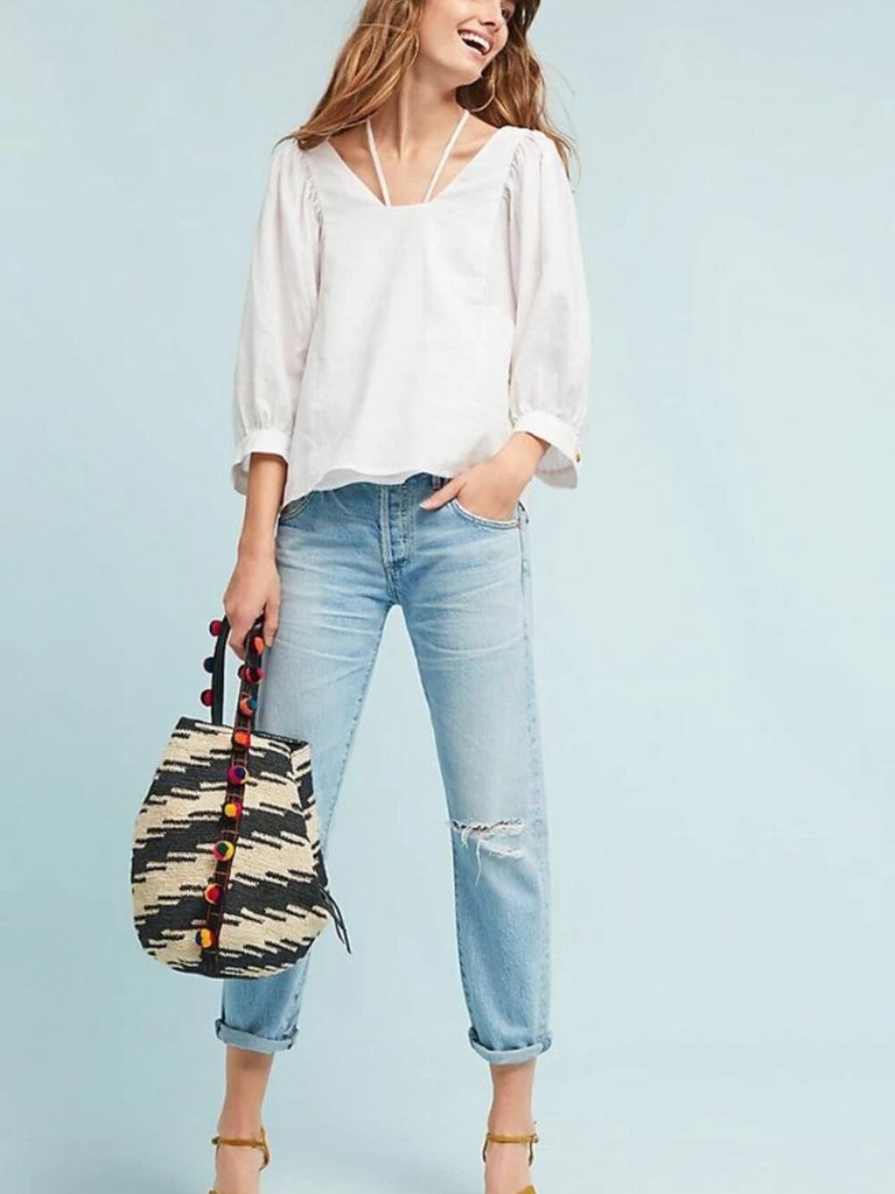 Akemi + Kin Sylvia Linen Cotton Balloon Sleeve Blouse V-Neck Airy Top Size Large